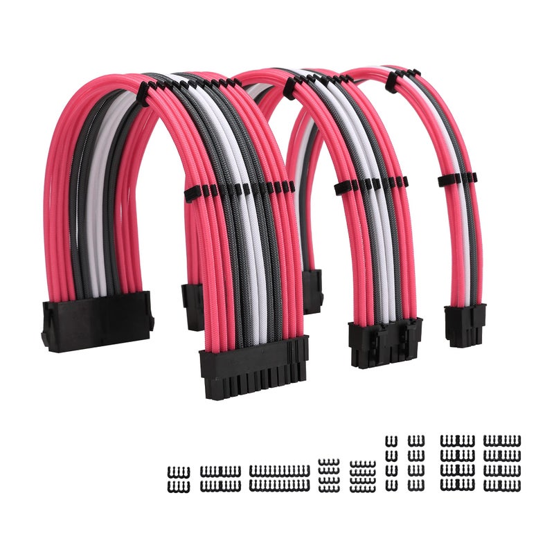 Formulamod Sleeve Extension Power Supply Cable Kit 18AWG (1) ATX 24P+ (1) EPS 8-P+ (2) PCI-E8-P with Combs for PSU to Motherboard/GPU (Pink Grey White) - Image 2